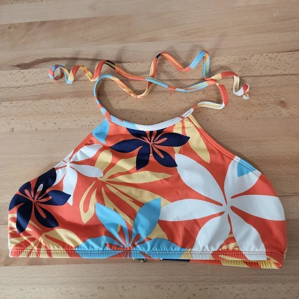 Hobie Swimsuit Halter Top High Neck Bikini Top Tropical Flower Hawaiian Print 14
